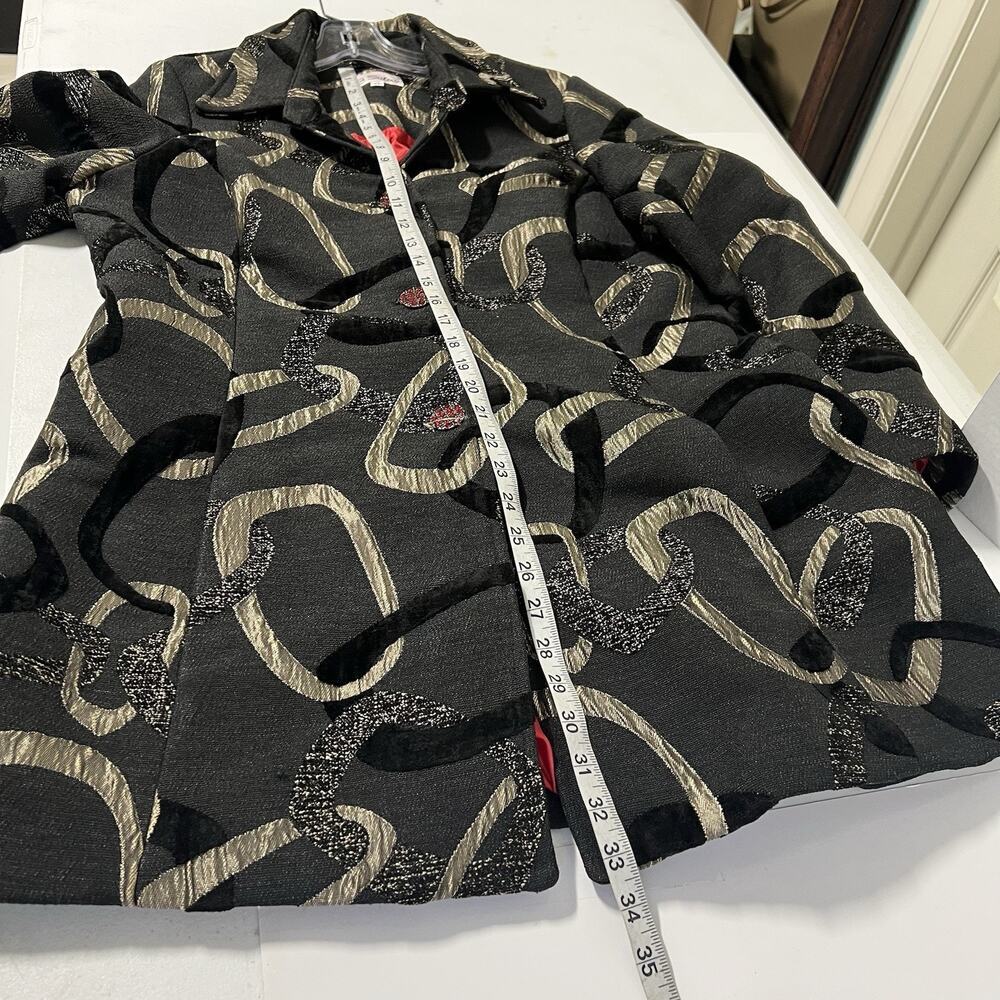 3 SISTERS Black & Gold Brocade Coat Size XL Velvet Chain Rhinestone ButtonsArtsy - Picture 10 of 12